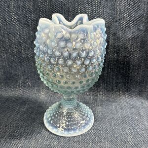 VINTAGE DUNCAN MILLER Light Blue Hobnail Opalescent Glass Pedestal Rose Vase
